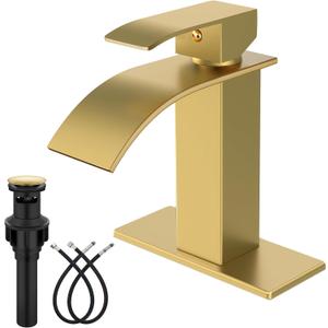 Midanya Bathroom Faucet with Waterfall Spout, Single Hole or 3-Hole Deck Mount, 304 Stainless Steel Sink Faucet with Pop-Up Drain, RV Vanity Compatible,Brushed Gold