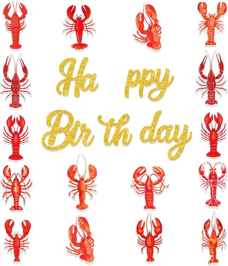 3Pcs Glitter Gold Crawfish Birthday Party Banner Lobster Boil Party Decorations Lobster Theme Banner Glitter Gold Crawfish Happy Birthday Banners Sign for Food Boil Baby Shower Partys Supplies