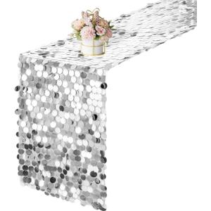 12 x 108 Inch Silver Sequin Table Runner Glitter Rectangle Big Sequin Table Runner for Wedding Party Birthday Christmas Halloween Decoration (1 Pack)