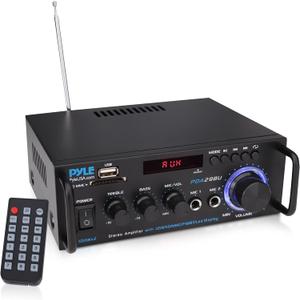 Pyle 200W Stereo Power Amplifier with Bluetooth - Dual Channel Audio Receiver - LED Display - RCA - USB - SD - MIC IN - FM Radio - AUX Input - Perfect for Home & Computer Audio - PDA29BU.5