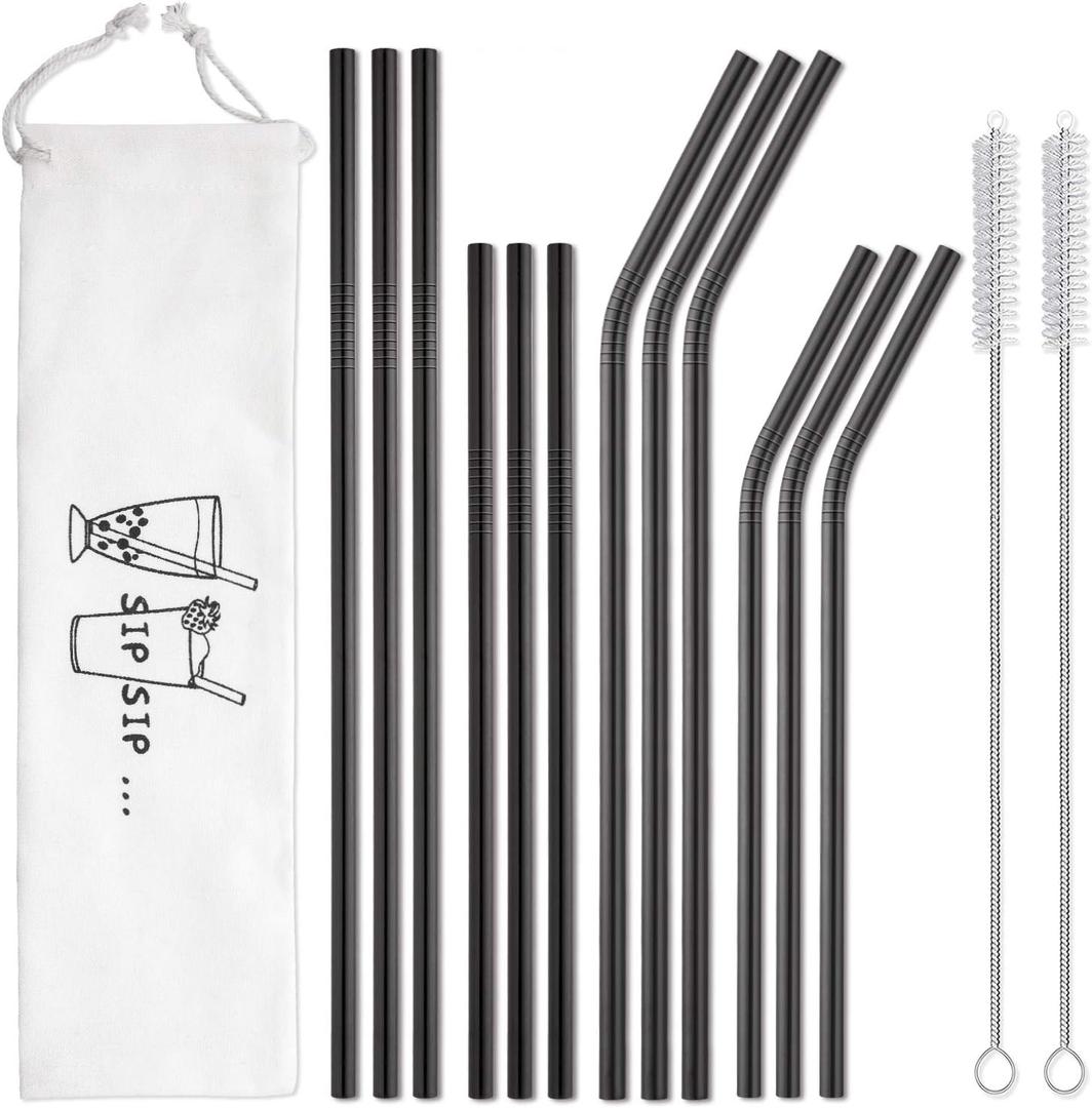 Hiware 12-Pack Black Stainless Steel Straws Reusable with Case - Metal Drinking Straws for 30oz and 20oz Tumblers Dishwasher Safe, 2 Cleaning Brushes Included