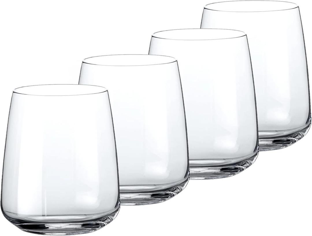 Bormioli Rocco Planeo Set Of 4, Stemless Wine Glasses, And DOF Drinking Glass, 12.25 Oz, Clear Crystal Star Glass, Dishwasher Safe, Made In Italy.