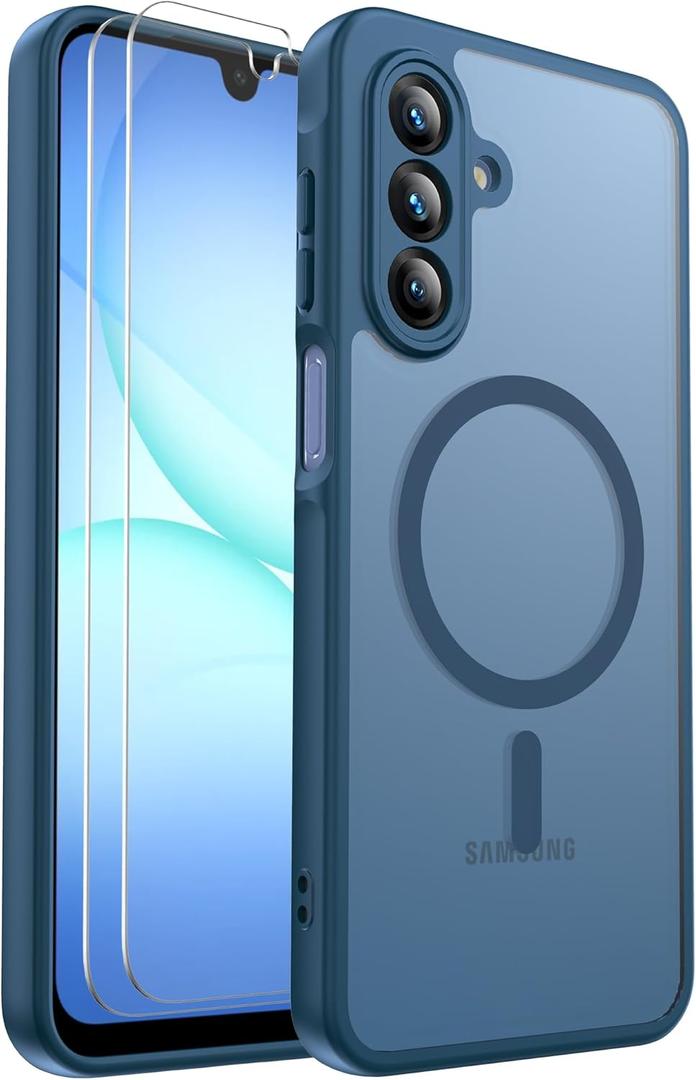 Ezanmull for Samsung Galaxy A17 5G Phone Case Magnetic Shockproof, [Fit for MagSafe] [Glass Screen Protector] Soft-Touch Skin para Frosted Translucent Anti-Fingerprint Cover (Blue)