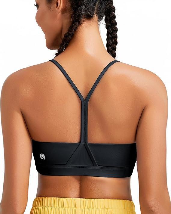 RUNNING GIRL Sports Bra for Women Ruched V Neck - Y Back Spaghetti Thin Strap Wireless Padded Medium Support Yoga Crop Top_WX3094_Black_XXL (Black, XL)