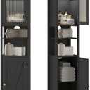 ChooChoo Tall Bathroom Storage Cabinet with Light5-Tier Narrow Bathroom Cabinet with 2 Doors, Slim Storage Linen Cabinet Freestanding with Adjustable Shelves for Space Saving, Black, 11.8"D X 11.8"W X 66.9"H