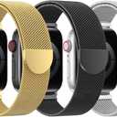 BELONGME 3 Pack Mesh Loop Compatible with Apple Watch Band Women Men 38mm 40mm 41mm 42mm 44mm 45mm 49mm Series Ultra SE 9 8 7 6 5 4 3 2 1, Stainless Steel Metal Strap Magnetic Clasp for iWatch Bands (Gold+Black+Silver)