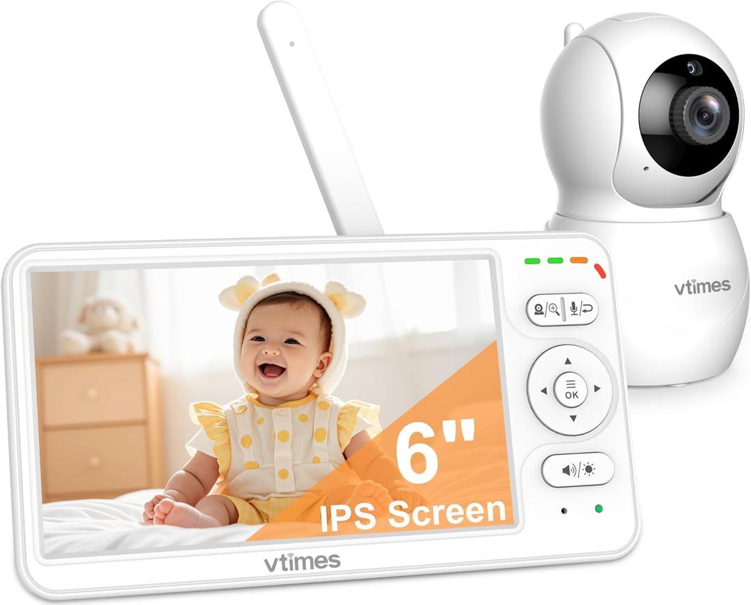 Baby Monitor with Camera and Audio, 6'' IPS Screen with 30-Hour Battery, Baby Monitor No WiFi Night Vision, ECO, 2-Way Audio, Pan-Tilt-Zoom, Baby Camera Monitor with 1000ft Range, Ideal Gift, White