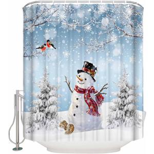 BEMIGO Christmas Tree Snowman Shower Curtains for Bathroom, Xmas Tree Farmhouse Fabric Waterproof Shower Curtain Set with Hooks, Christmas Vacation Decorations Bathroom Accessories 72x72inch (Blue)