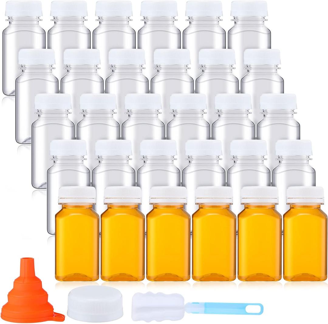Nuogo 36 Pack 5 oz Plastic Juice Bottles Bulk with Lids Reusable Transparent Clear Drink Containers Caps Mini Bulk Beverage Water Bottle with Funnel and Brush for Juicing Milk Drinking(White Lid)