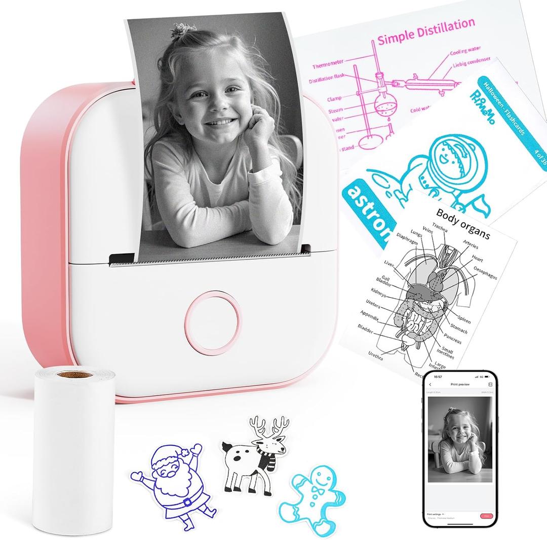 Memoking Instant Print for Kids - T02 Mini Printer, Print pod Sticker Maker, Instant Phone Photo Printer for Study, Fun, Stickers, Labels, Flashcards, DIY, Gift, Pink (1 Printer + 1 Roll Paper)