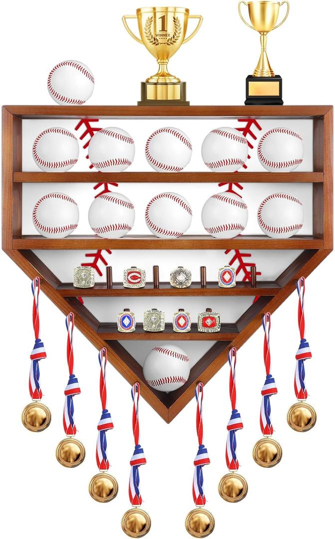 19" Baseball Holder Display Case Wooden Baseball Ring Holder Championship Ring Trophy Display Shelf for Balls, Medals, Memorabilia (Brown)
