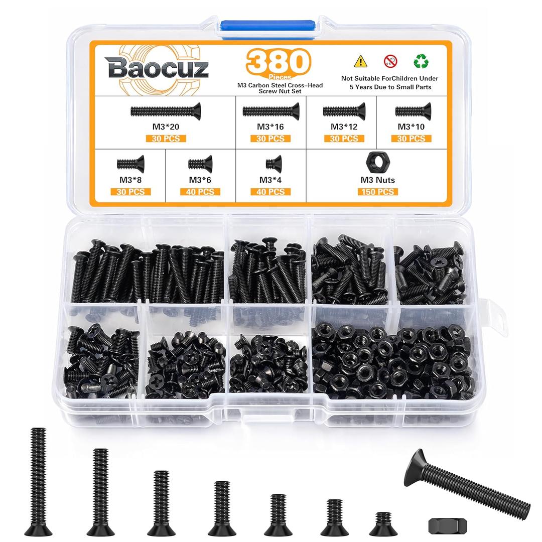 380 Pcs M3 Black Flat Head Machine Screws and Hex Nuts Kit Carbon Steel Countersunk Head Phillips Screws Bolts Assortment,M3 x 4mm/ 6mm/ 8mm/ 10mm/ 12mm/ 16mm/ 20mm