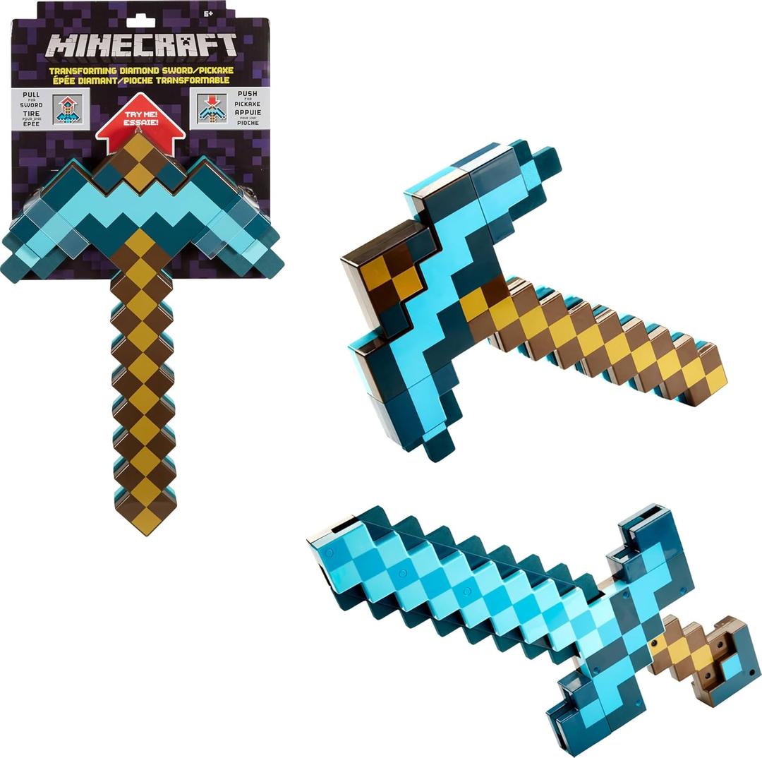 Mattel Minecraft Transforming Diamond Sword & Pick-Axe Kid-Sized 2-in-1 Toy Accessory for Role-Play & Costumes 