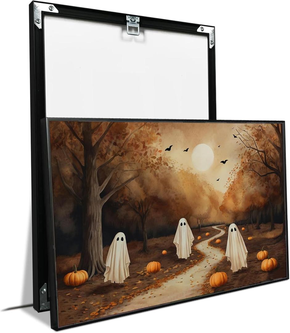 XWNLTEPK Halloween Canvas Wall Art Poster Ghostly Mural on Moonlit Trail Fun Fall Woodland Decor Pumpkin Row Flying Bats Autumn Leaf Decor Perfect for Decorating Home Library Corner (8x12in Black Framed, A08)