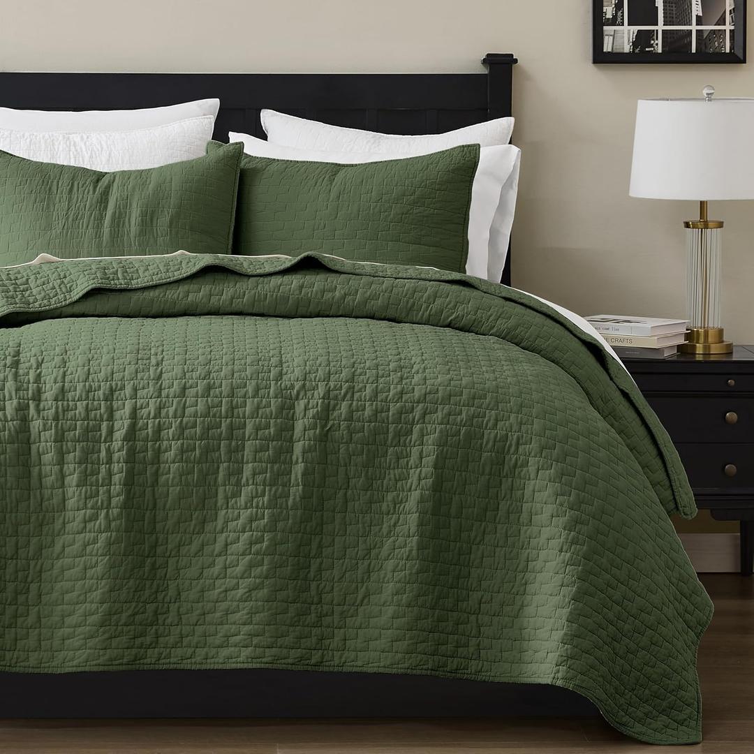 palassio Olive Green 100% Cotton Quilt Queen Size Bedding Sets with 2 Pillow Shams, Textured Lightweight Soft Bedspread Shabby Chic Coverlet, Quilted Comforter Bed Cover for All Season, 3 Pieces (Queen(90"x96")