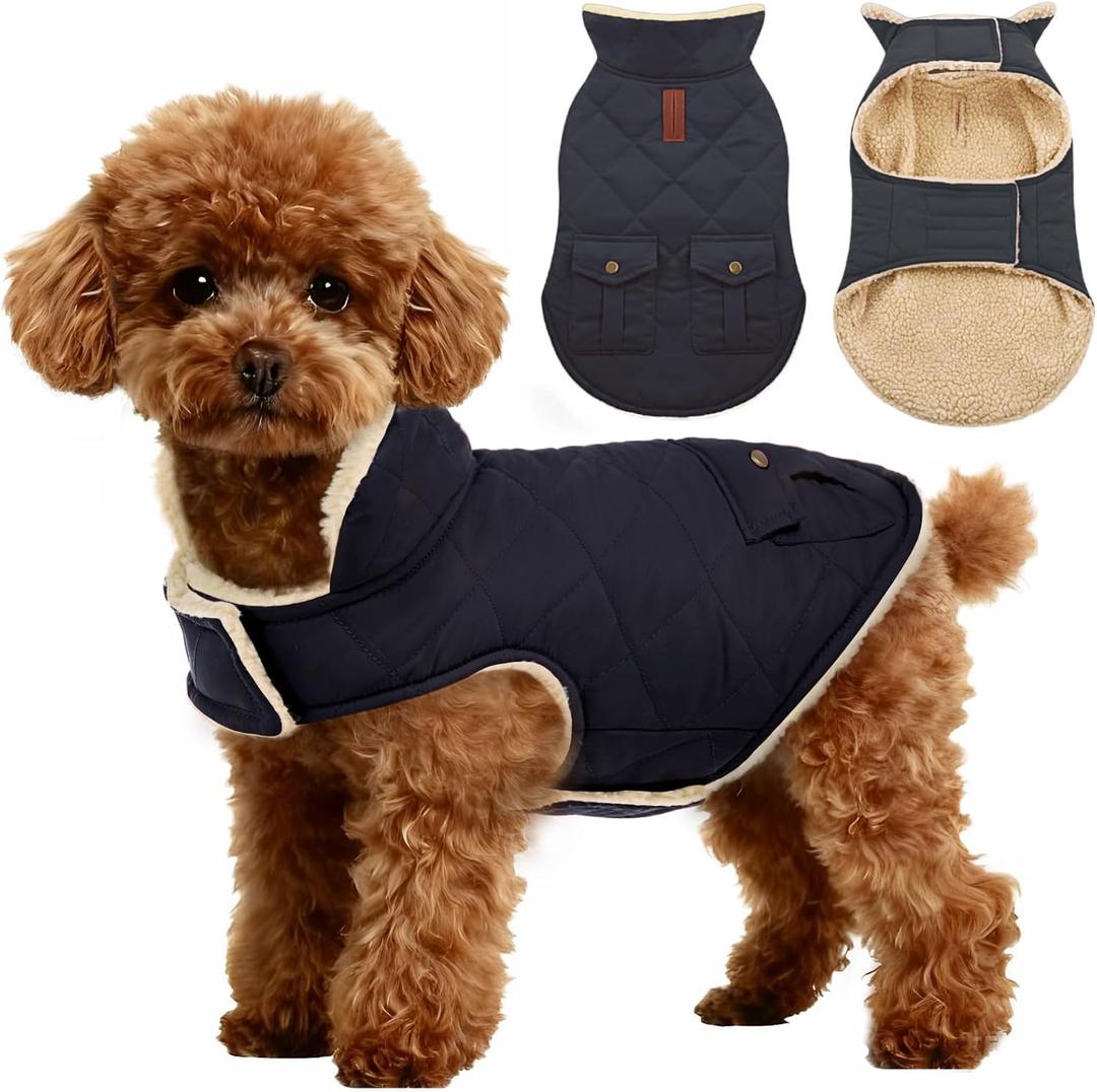 ASENKU Warm Dog Winter Coat, Waterproof Dog Coat for Cold Weather, Fleece Dogs Jacket with Ultra Thick Plush Lining Leash Hole Storage Pockets for Small Dogs (Navy Blue, Small)
