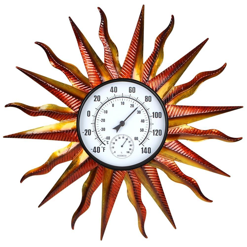 Indoor Outdoor Thermometer, Large Wall Thermometer Hygrometer No Need Battery, Easy to Read Decorative Outside Thermometer for Patio, Garden, No Require Batteries(Yellow)