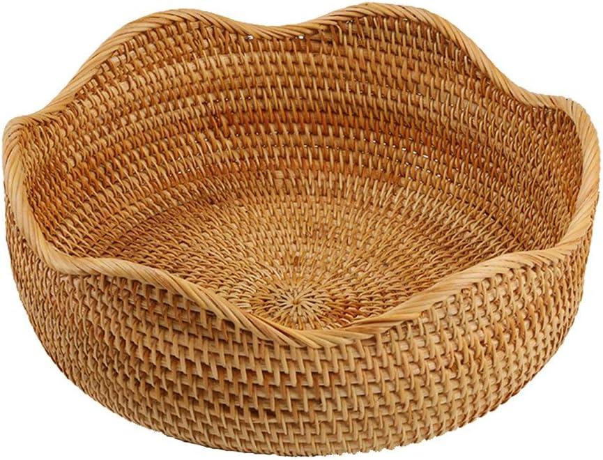 Handmade Rattan Round Fruit Basket Food Storage Bowls Kitchen Organizer Snack Serving Bowl, 11 Inch Boho Wicker Bread Bowl Woven Basket Dcor for Nuts with 3Side and Wavy Edge (Large 11")