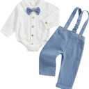 Infant Baby Boys Gentleman Outfits Long Sleeve Bowtie Romper+Suspender Overalls Pants Set Wedding Set Formal (6-9 Months, Blue)