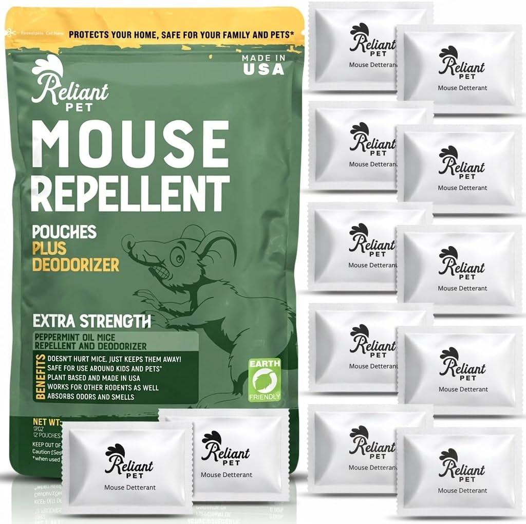 Reliant Pet Mouse Repellent Pouches - Rodent Repellent Made in USA (12 Pouches) - Keep Rodents Out of Cars Engines - Mice Repellent Indoor and Outdoor - Mouse Deterrents that Work with Peppermint Oil