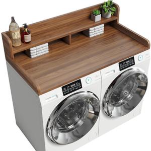 2-Tier Washer Dryer Countertop with 2.75" H Edge Rails, 54" W x 27.55" D Laundry Countertop for Folding Clothes, Washer and Dryer Topper with Non-Slip Pad (Dark Walnut), Standard-2 Tier