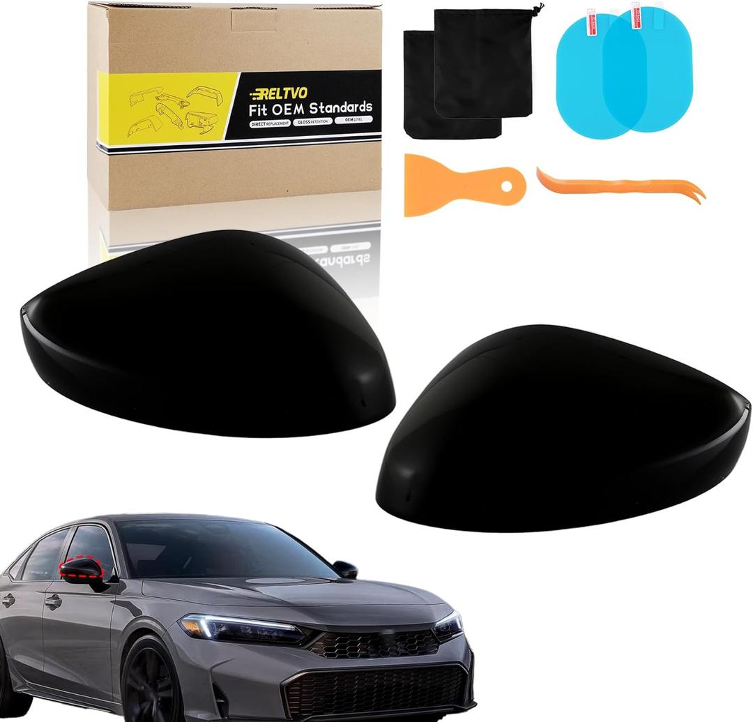 Mirror Cover Set for Honda Civic 11th Gen 2022 2023 2024 2025,Glossy Black,Non-Light Version,Driver & Passenger Side Pair. (Glossy Black,No Light, Left&Right)