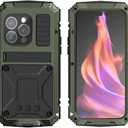 Metal Case Compatible with iPhone 15 Pro Max Aluminum Military Grade Armor Rugged Case with Metal Stand Screen Protector Drop Tested Shockproof Full Cover case (Green)