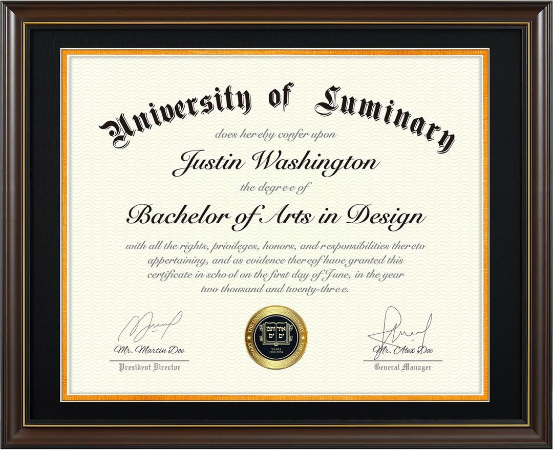 Luminary 16x20 Wood Diploma Frame with 14x17 Opening Black Mat for College Degree Certificate Document, Walnut Color Wooden Frame with Tempered Glass Panel for Wall Mount Display