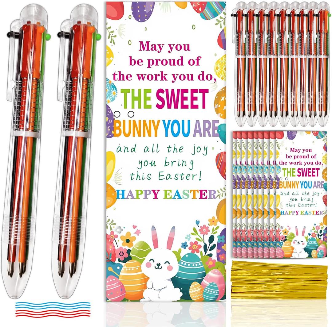 48 Pcs Easter Appreciation Gifts Bulk for Coworker Include 24 Pcs 6-in-1 Multicolor Ballpoint Pens 24 Pcs Greeting Cards with Ties Thank You Gifts for School Employee Office