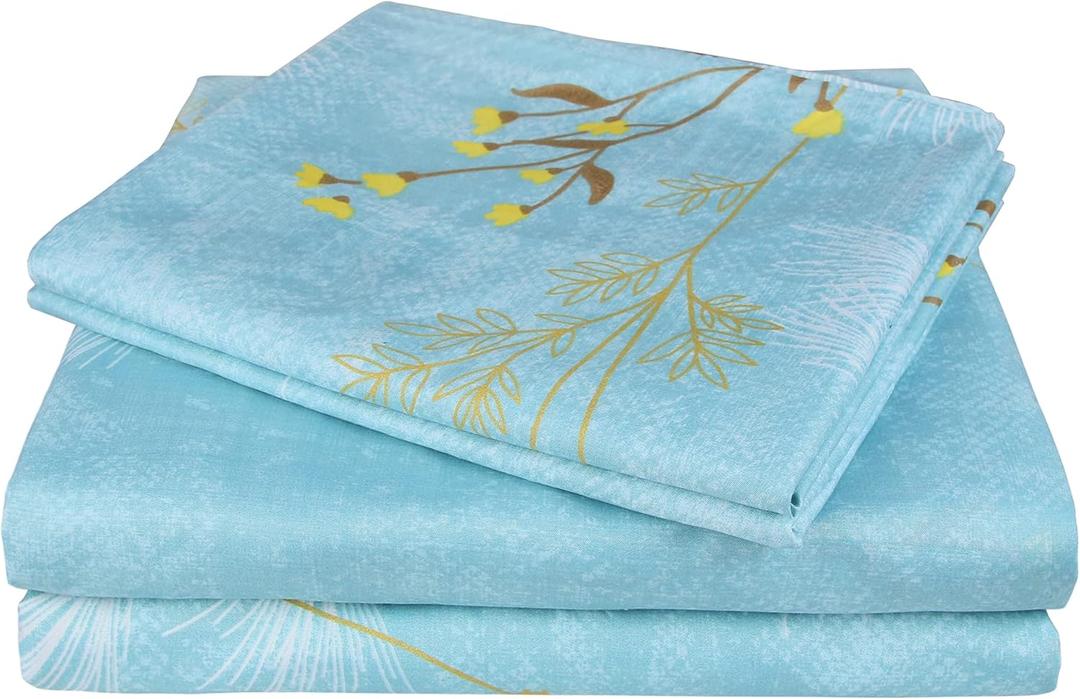 JSD Blue Floral Print Sheet Set Full Size, 4 Piece Soft Botanical Microfiber Sheets Extra Deep Pocket Wrinkle Free (Dandelion)