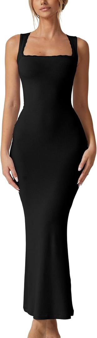 QINSEN Women's Square Neck with Lace Detail Long Maxi Dress Sleeveless Lounge Ribbed Full Length Dresses, Medium