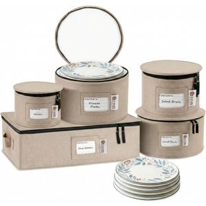 China Storage Hard Shell Containers 5-Piece Set Moving Boxes for Dinnerware, Glasses, Plates, Mugs and Saucers Sturdy Dish Organizer with Dividers for Seasonal Storage - Service for 12 - Brown
