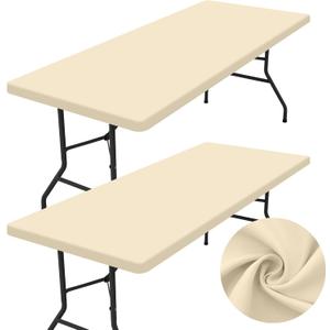 homing 2 Pack Rectangle Table Cloth, Elastic Fitted Fabric Tablecloth Fits for 8 Foot Folding Tables, Washable Table Cover for Picnic, Camping, Indoor & Outdoor (Champagne, 30" x 96")