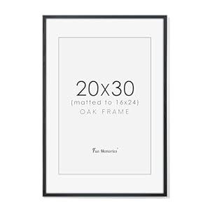 20x30 Black Picture Frame, 20 x 30 Solid Oak Wood Poster Frame Matted to 16x24, Rustic Wooden 20"x30" Frame for Wall Decor, Large Thin Wood Frame 30x20 with Real Glass, 30 x 20 Wood Art Frame
