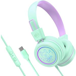 MEE audio KidJamz KJ55 Safe Listening USB-C Headphones for Children with Multicolor LED Lights, Volume Limiter, & Microphone; On-Ear Wired Kids Headset for iPhone 16, iPad, & USB Type C Devices (Mint)