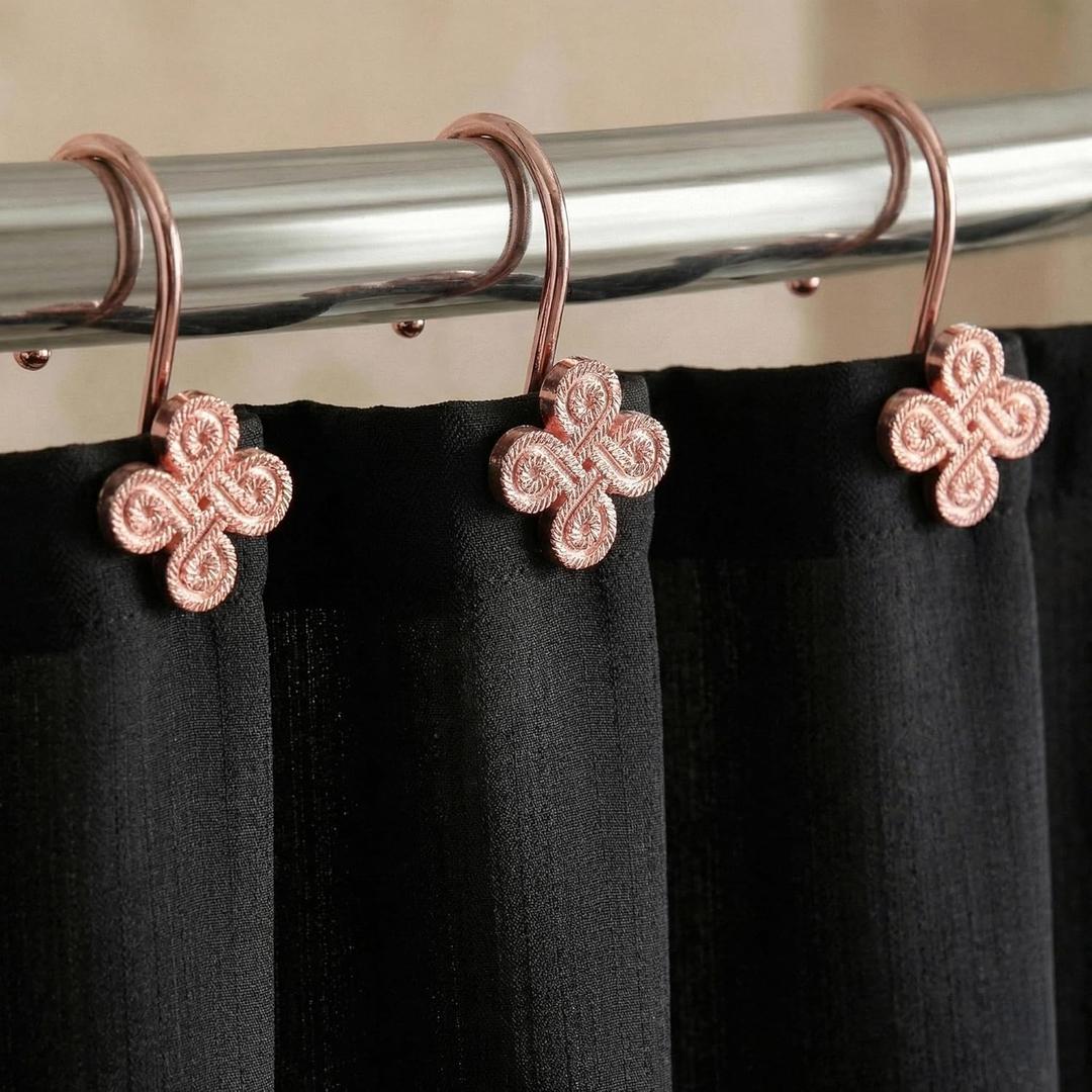 Rose Gold Shower Curtain Hooks: 12 Pcs Pink Rust Proof Metal Shower Curtain Rings for Bathroom - Glam Flower Clover Shaped Decorative Shower Curtain Hooks Hangers for Shower Rod
