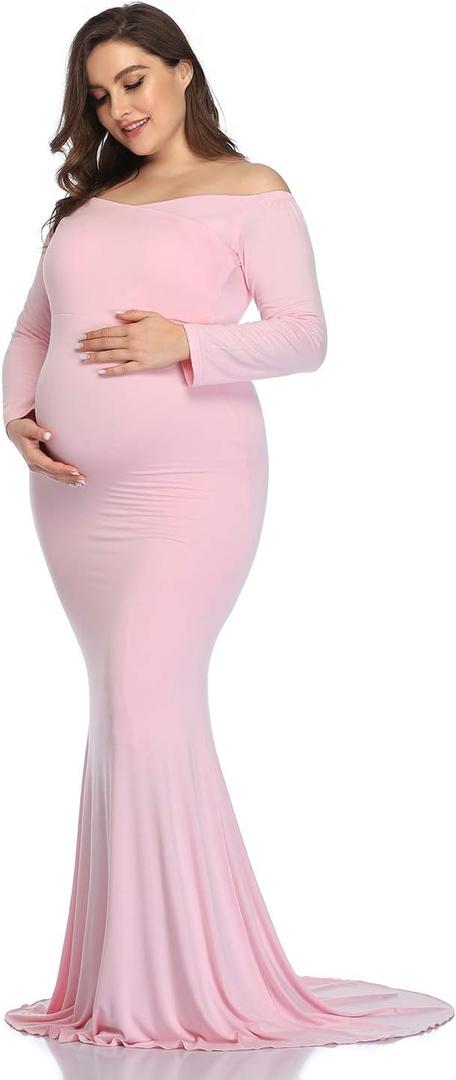 Mommy Jennie Long Sleeve Maternity Dress for Photoshoot Stretchy Pregnancy Fitted Gowns for Baby Shower, Large