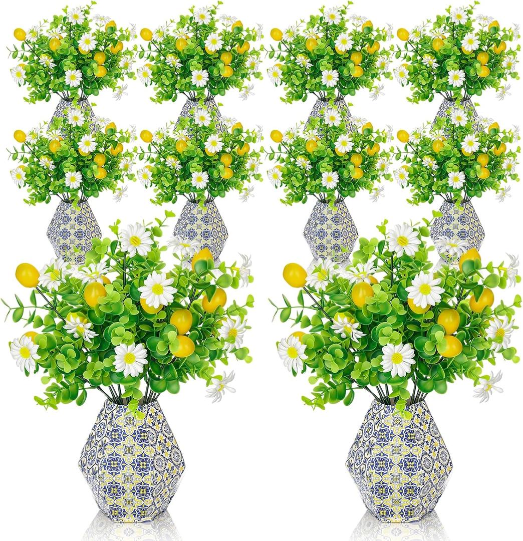 30 Pcs Amalfi Coast Party Decor-20 Artificial Lemon Branches with 10 Blue Tiles Paper Vases Mediterranean Wedding Table Centerpieces Capri Positano Party Decoration