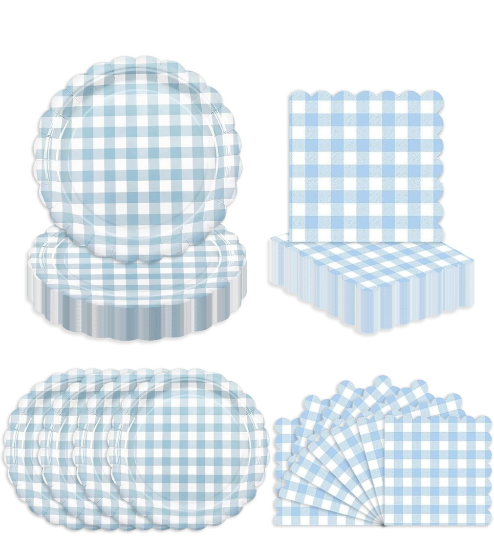50 Pcs Blue Gingham Paper Plates and Napkins for Boy or Girl Themed Party, 7" Light White and Blue Birthday Party Scalloped Dessert Plate for Baby Shower, Birthday, Wedding Decoration
