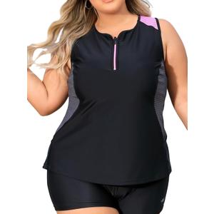 Angel season Plus Size Tankini Swimsuits for Women Zippered Two Piece with Shorts XXXL (Black Pink)