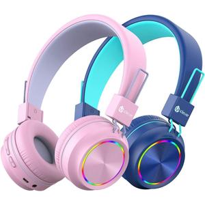iClever BTH03 Kids Bluetooth Headphones, Colorful LED Lights,35H Playtime, Bluetooth 5.4, Type C Fast Charging, Stereo Sound Mic,On Ear Kids Wireless Headphones for iPad Airplane (Blue&Pink, 2 Pack)