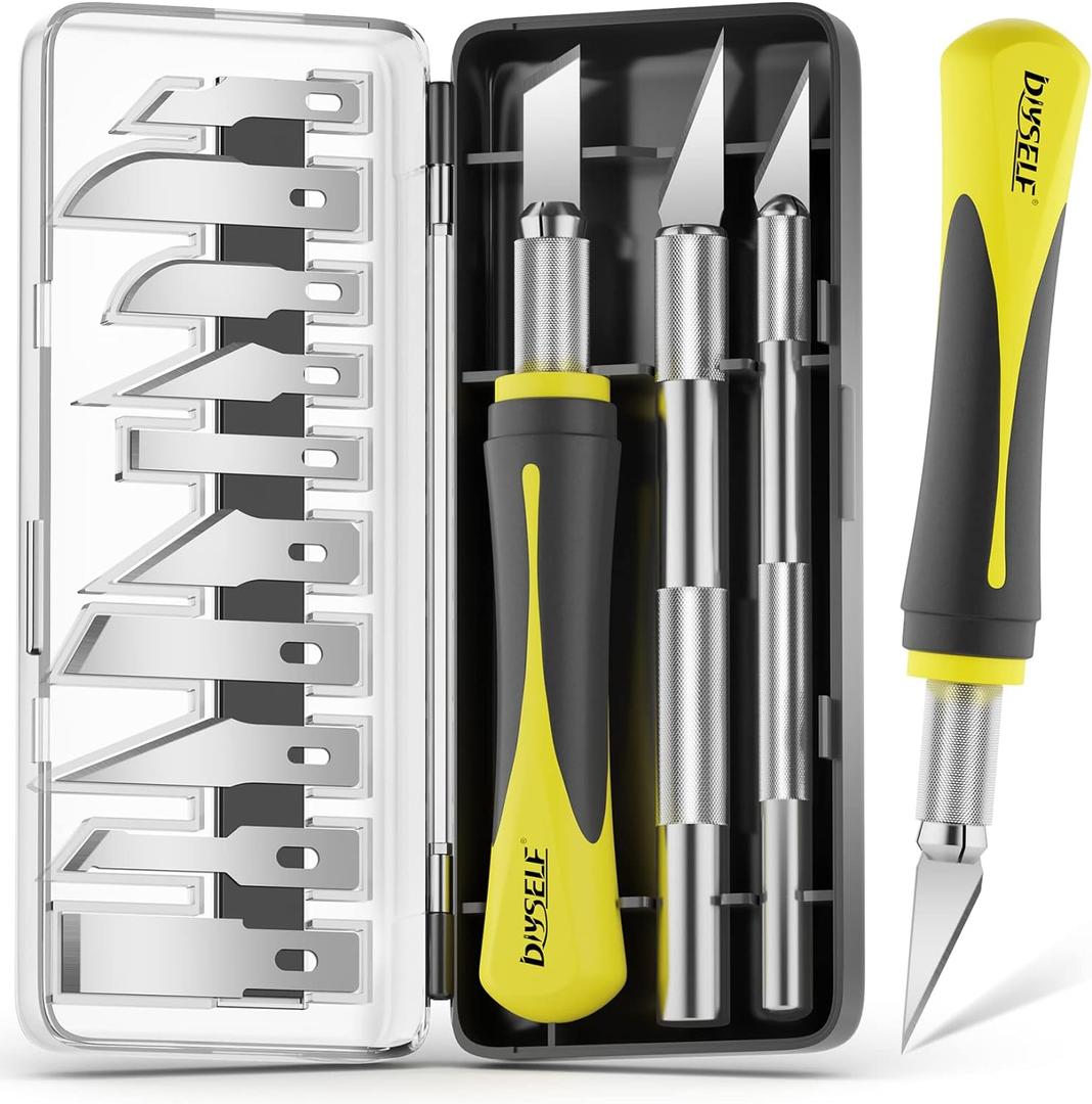 DIYSELF 16-Piece Craft Knife Set, Exacto Knife Set, 3-Piece Hobby Knife with 10-Piece Exacto Knife Blades, Precision Art Knife for Pumpkin Carving, Modeling, Exactly Knife, Pumpkin Carving Tools (Yellow)