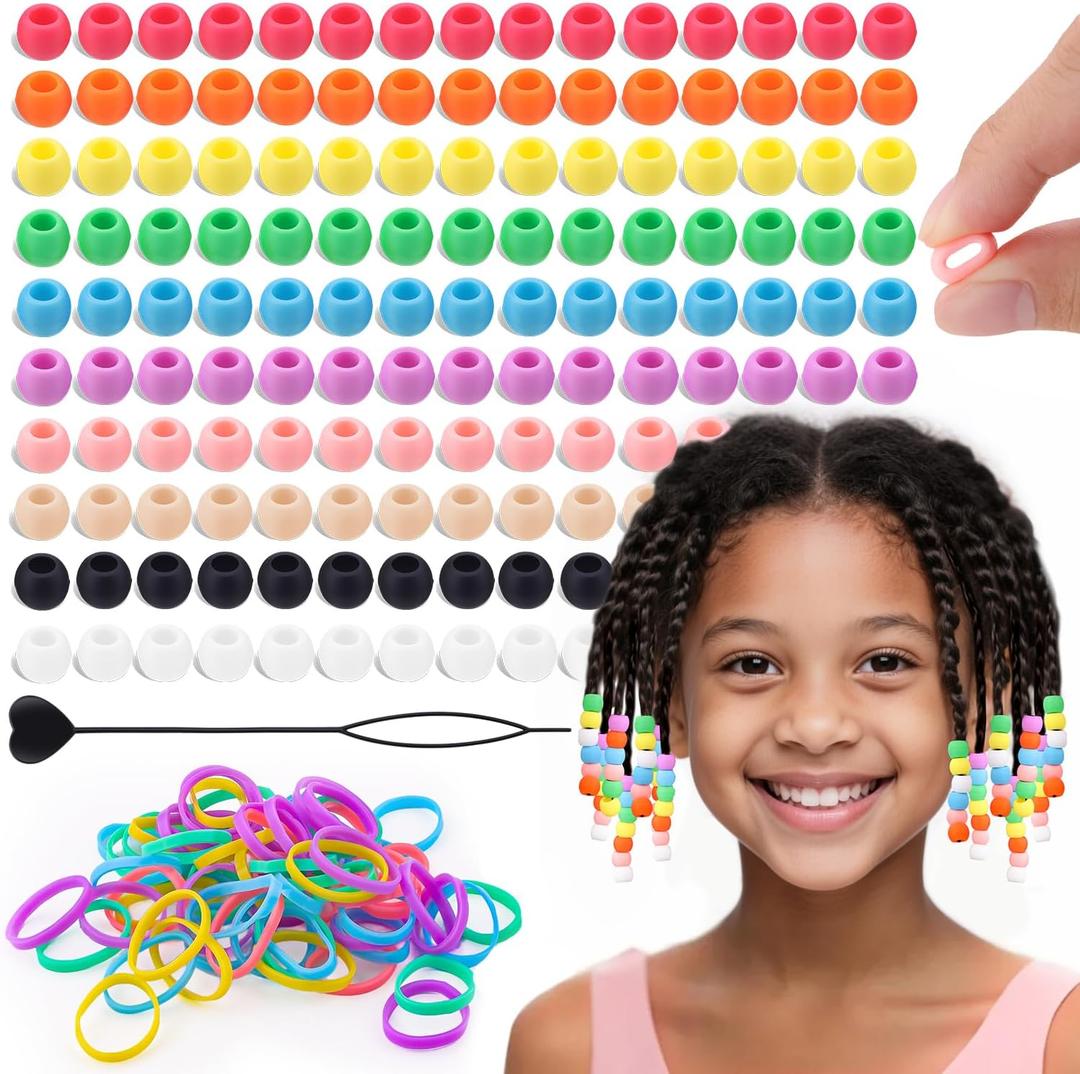150Pcs 10mm Small Silicone Beads for Hair Braids, Soft Jellyish Pony Hair Beads with 5mm Hole + 50 Rubber Bands and 1 Beader for Braiding, DIY Bracelets Necklaces Crafts (Multicolors)