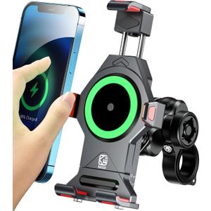 BRCOVAN Aluminum Alloy Motorcycle Phone Mount with Qi 15W Wireless Charger & Vibration Dampener, Anti-Theft Waterproof Motorcycle Handlebar Cellphone Holder, Adjustable Fit 4.7''-7.2'' Smartphones (BLACK)