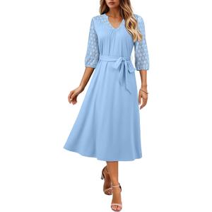 Dokotoo Womens Dresses Lace V-Neck Half Sleeve Belted Empire Waist Casual Dress A-Line Hem Summer Midi Dress with Pockets (S)