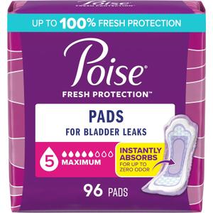 Poise Incontinence & Postpartum Pads for Bladder Leaks, 5 Drop Maximum Absorbency, Regular Length, 96 Count, Packaging May Vary