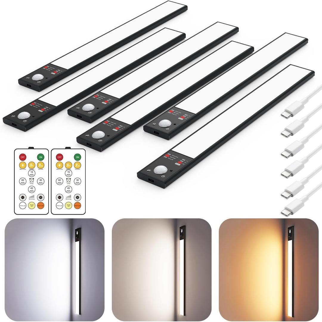 12" Ultra-Thin Under Cabinet Lighting Wireless, Aluminum Alloy Under Counter Lights for Kitchen, 3-Color-Temps Magnetic Closet Lights, Rechargeable Motion Sensor Light Indoor (6 Pack, Black)