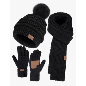 Remifa Winter Beanie Hat Scarf Gloves Set for Women, Slouchy Pom Pom Hat Long Knit Scarf Touchscreen Gloves Christmas Gifts