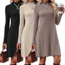Velvelhall 3 Pack Women's Long Sleeve Sweater Dresses Ribbed Knit Lettuce Trim Mock Turtleneck Short Casual Slim Fit Dresses(Coffee, Cream, Black,Large)