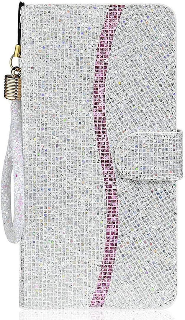 Guppy Bling Wallet Case Compatible with iPhone 15 Plus, PU Flip Blocking Wallet with Wrist Strap Magnetic Closure Built-in Kickstand Protective Case - Silver